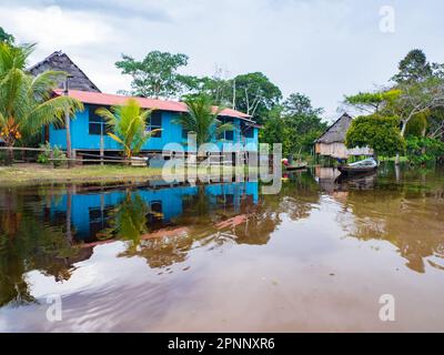 Puerto Miguel, Peru - April 2022: Kleines Dorf im Dschungel der Wunder. Tropische Regenwälder. Amazonien. Lateinamerika. Stockfoto