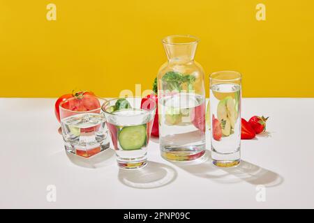 Stille Leben mit saftigem Gemüse und Obst Brokkoli, Tomaten, Pfeffer, Gurke, Erdbeere, apfel auf gelbem Studiohintergrund. Vitamine für Salat Stockfoto