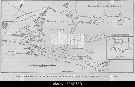 Reduzierte Faksimile von William Hodges Chart. Explorers. Neuseeland 1890 alte Karte Stockfoto