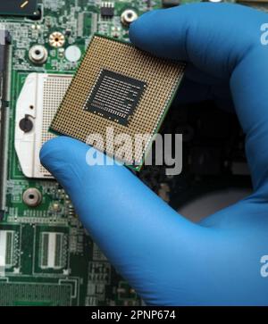 Elektronikkarte mit entfernter CPU aus dem Sockel. Mikroprozessor-, CPU- oder GPU-Upgrade. Leiterplatte mit Prozessor. Stockfoto