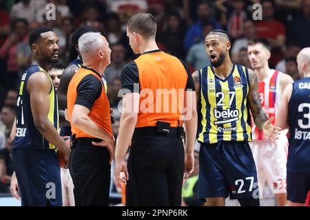 Belgrad, Serbien, 13. April 2023. Tyler Dorsey von Fenerbahce Beko Istanbul reagiert während des EuroLeague-Spiels der Turkish Airlines 2022/2023 zwischen Crvena Zvezda mts Belgrad und Fenerbahce Beko Istanbul in der Aleksandar Nikolic Halle in Belgrad, Serbien. 13. April 2023. Kredit: Nikola Krstic/Alamy Stockfoto