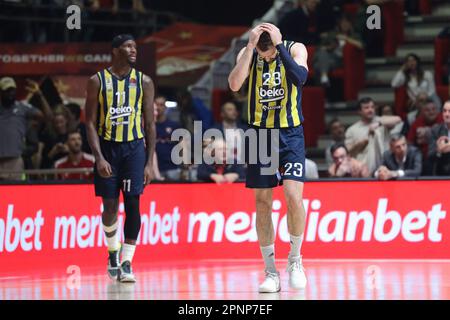 Belgrad, Serbien, 13. April 2023. Marko Guduric von Fenerbahce Beko Istanbul reagiert während des EuroLeague-Spiels der Turkish Airlines 2022/2023 zwischen Crvena Zvezda mts Belgrad und Fenerbahce Beko Istanbul in der Halle Aleksandar Nikolic in Belgrad, Serbien. 13. April 2023. Kredit: Nikola Krstic/Alamy Stockfoto