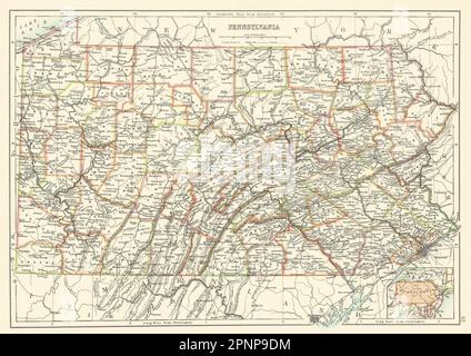 Karte des Bundesstaats Pennsylvania mit Landkreisen. BARTHOLOMEW 1898 alte Antiquität Stockfoto