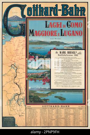 Gotthard-Bahn. Laghi di Gomo, Maggiore und Lugano. Künstler unbekannt. Poster 1889 in der Schweiz veröffentlicht. Stockfoto