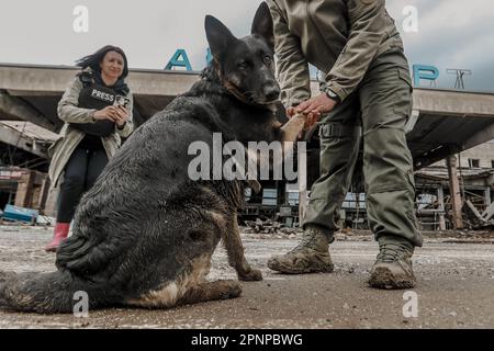 Kherson, Ukraine. 19. April 2023. Ein ukrainischer Soldat mit einem Hund vor dem Eingang zum internationalen Flughafen Kherson. Obwohl die ukrainischen Streitkräfte russische Truppen aus der Stadt verdrängten und während der Befreiung Mitte November Jubelszenen auslösten, zogen sich die russischen Streitkräfte nur über den Fluss Dnipro zurück und schossen Kherson täglich weiter. (Foto: Aziz Karimov/SOPA Images/Sipa USA) Guthaben: SIPA USA/Alamy Live News Stockfoto