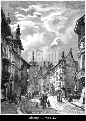 Schaffhausen, auf Englisch historisch bekannt als Shaffhouse, ist eine Stadt mit historischen Wurzeln, eine Gemeinde in der Nordschweiz, Vintage Gravur f Stockfoto