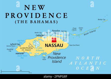 New Providence Island, politische Karte, mit Nassau, der Hauptstadt der Bahamas, einem Inselland auf den Westindischen Inseln im Nordatlantik. Stockfoto