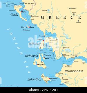 Ionische Inselregion Griechenlands, politische Karte. Griechische Inselgruppe im Ionischen Meer. Korfu, Paxos, Antipaxos, Lefkada, Kefalonia, Ithaka, Zakynthos. Stockfoto