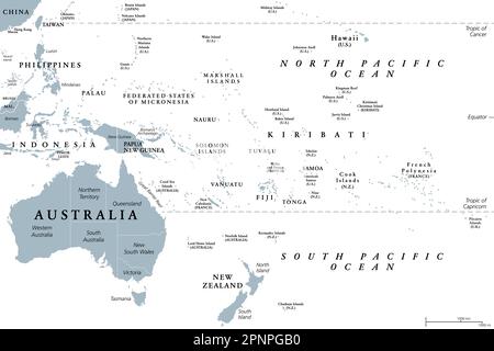 Ozeanien, graue politische Karte. Australien und den Pazifik, einschließlich Neuseeland. Geographische Region, Südosten des asiatisch-pazifischen Raums. Stockfoto