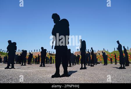 Ein Blick auf die Silhouetten, die Teil der Kunstinstallation „Stand mit Giants“ im Royal Armouries Fort Nelson in Portsmouth sind. Die Außeninstallation zeigt lebensgroße Silhouetten der 258 Soldaten und Zivilisten, die im Falkland-Konflikt ihr Leben verloren haben. Foto: Donnerstag, 20. April 2023. Stockfoto
