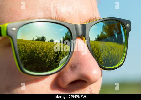 Sonnenbrille reflektiert blühendes Rapsfeld, Nahaufnahme. Stockfoto