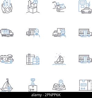 Sammlung mit Symbolen für bewegte Linien. Verlegung, Verpacken, Verladen, Auspacken, Transportieren des Lkws, Transport, Movers Vektor und lineare Darstellung. Kartons Stock Vektor