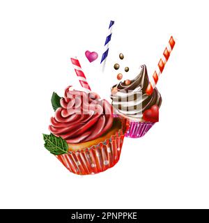Cupcake, zwei Kuchen mit Sahne, dekoriert mit Keksen und Blättern, Herzen. Die Abbildungen sind auf weißem Hintergrund gezeichnet Stockfoto