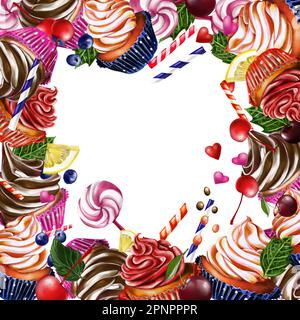 Cupcake, Kuchen mit Sahne, Kekse und Blätter, Kirsche, Herzen, Lutscher für Einladungen. Die Abbildungen sind auf weißem Hintergrund gezeichnet Stockfoto