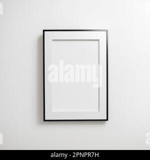 Schwarzer Bilderrahmen mit rechteckiger vertikaler Form, der an einem weißen Wandmodell für Bilder und Poster hängt Stockfoto