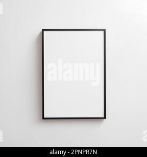 Schwarzer Rahmen mit rechteckiger vertikaler Form, der an einem weißen Wandmodell für Bilder und Poster hängt Stockfoto