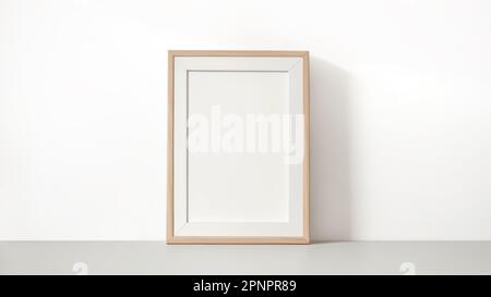 Holzrahmen mit rechteckiger vertikaler Form, der auf einem weißen Wandmodell für Bilder und Poster steht Stockfoto