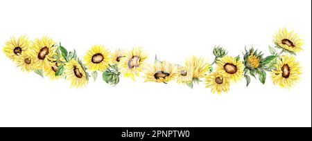 Wasserfarbener, nahtloser horizontaler Hintergrund mit Sonnenblumen. Schmetterlinge im Cartoon-Stil. Handgezeichnete Darstellung des Sommers. Perfekt für Sammelalben Stockfoto