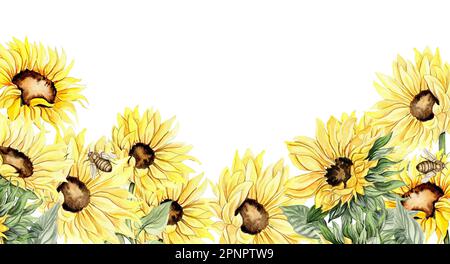 Wasserfarbener, nahtloser horizontaler Hintergrund mit Sonnenblumen. Schmetterlinge im Cartoon-Stil. Handgezeichnete Darstellung des Sommers. Perfekt für Sammelalben, Stockfoto