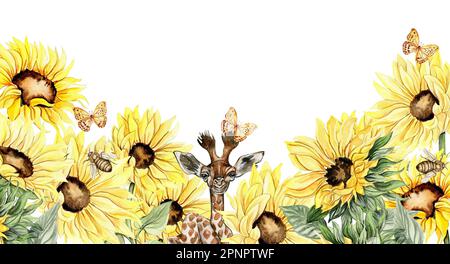Wasserfarbener, nahtloser horizontaler Hintergrund mit Sonnenblumen. Schmetterlinge im Cartoon-Stil. Handgezeichnete Darstellung des Sommers. Perfekt für Sammelalben, Stockfoto