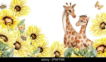 Wasserfarbener, nahtloser horizontaler Hintergrund mit Sonnenblumen. Schmetterlinge im Cartoon-Stil. Handgezeichnete Darstellung des Sommers. Perfekt für Sammelalben, Stockfoto