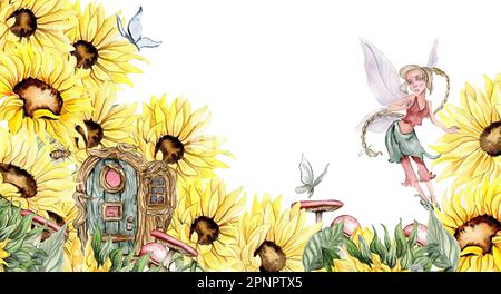Wasserfarbener, nahtloser horizontaler Hintergrund mit Sonnenblumen. Schmetterlinge im Cartoon-Stil. Handgezeichnete Darstellung des Sommers. Perfekt für Sammelalben, Stockfoto