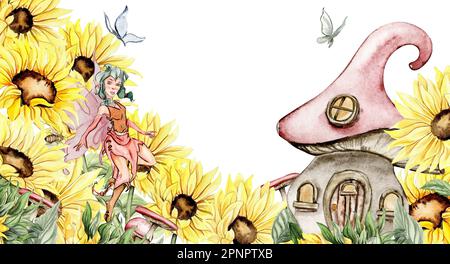 Wasserfarbener, nahtloser horizontaler Hintergrund mit Sonnenblumen. Schmetterlinge im Cartoon-Stil. Handgezeichnete Darstellung des Sommers. Perfekt für Sammelalben, Stockfoto