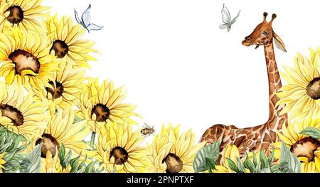 Wasserfarbener, nahtloser horizontaler Hintergrund mit Sonnenblumen. Schmetterlinge im Cartoon-Stil. Handgezeichnete Darstellung des Sommers. Perfekt für Sammelalben, Stockfoto
