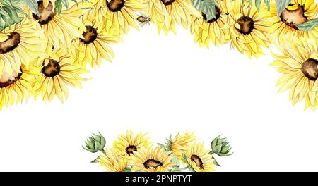 Wasserfarbener, nahtloser horizontaler Hintergrund mit Sonnenblumen. Schmetterlinge im Cartoon-Stil. Handgezeichnete Darstellung des Sommers. Perfekt für Sammelalben, Stockfoto
