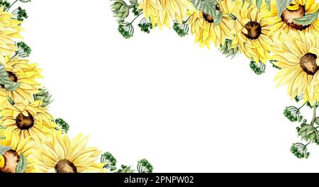 Wasserfarbener, nahtloser horizontaler Hintergrund mit Sonnenblumen. Schmetterlinge im Cartoon-Stil. Handgezeichnete Darstellung des Sommers. Perfekt für Sammelalben, Stockfoto