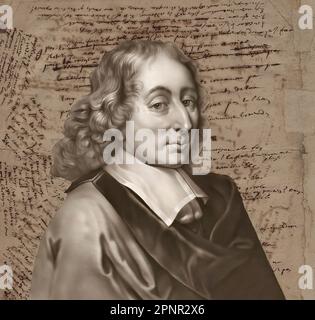 Porträt von Blaise Pascal mit seinem handgeschriebenen Manuskript, Pensées de Pascal, Gedanken zur Religion, 1670 Stockfoto