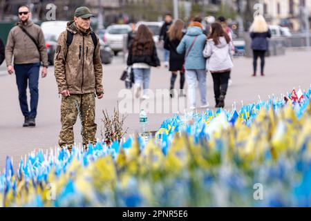 Kiew, Ukraine. 20. April 2023. Ein Mann hält an blauen und gelben ukrainischen Nationalflaggen mit Namen gefallener Soldaten auf dem Maidan Nezalezhnosti (Unabhängigkeitsplatz) im Zentrum von Kiew, der Hauptstadt der Ukraine am 20. April 2023. Familien und Freunde des getöteten Soldaten hinterlassen die Flaggen als Gedenkstätte für ihre Lieben. Während sich die Invasion der Ukraine durch die russischen Streitkräfte in vollem Umfang auf eine Gegenoffensive vorbereitet. (Foto: Dominika Zarzycka/Sipa USA) Guthaben: SIPA USA/Alamy Live News Stockfoto