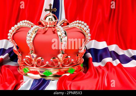 Königliche goldene Krone mit Juwelen auf dem Hintergrund der Flagge des Königreichs Norwegen, 3D-Darstellung Stockfoto