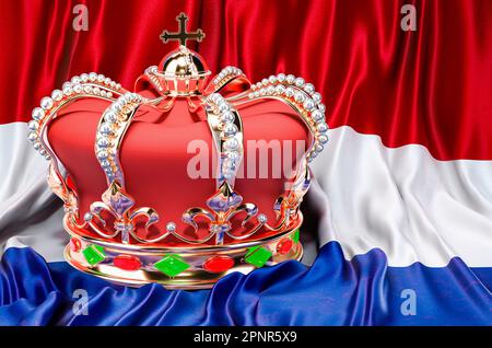 Königliche goldene Krone mit Juwelen auf dem Hintergrund der Flagge des Königreichs der Niederlande, 3D-Darstellung Stockfoto