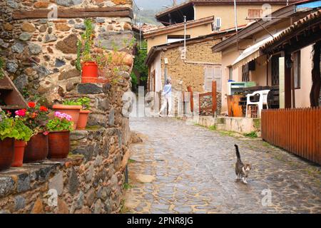 Mittelalterliche Straße im Bergort Kakopetria, Solea-Tal, Troodos-Gebirge, Republik Zypern Stockfoto