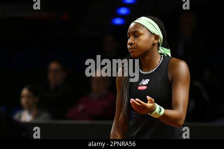 Stuttgart, Deutschland. 20. April 2023. Tennis: WTA Tour - Stuttgart, Singles, Frauen, 2. Runde in Porsche Arena, Gauff (USA) - Potapova (Russland). Coco Gauff reagiert. Kredit: Marijan Murat/dpa/Alamy Live News Stockfoto