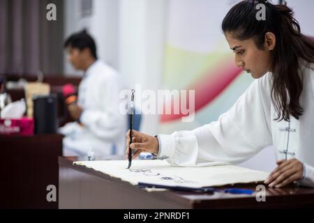 Kathmandu, Nepal. 20. April 2023. Ein nepalesischer Student führt chinesische Kalligraphie bei der Eröffnungszeremonie anlässlich des 14. UN-Tags der chinesischen Sprache am 20. April 2023 in Kathmandu, Nepal, durch. Kredit: Hari Maharjan/Xinhua/Alamy Live News Stockfoto