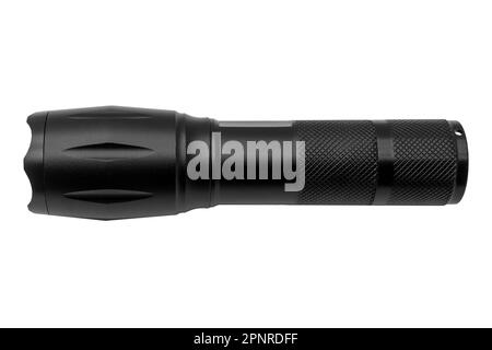 Moderne schwarze LED-Taschenlampe aus Metall, isoliert auf weißem Hintergrund Stockfoto