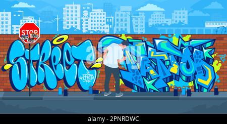 Trendige, Farbenfrohe Straßenart-Graffiti-Mauer Im Freien Mit Zeichnungen Vor Dem Hintergrund Der Stadtlandschaft Vector Illustration Stock Vektor