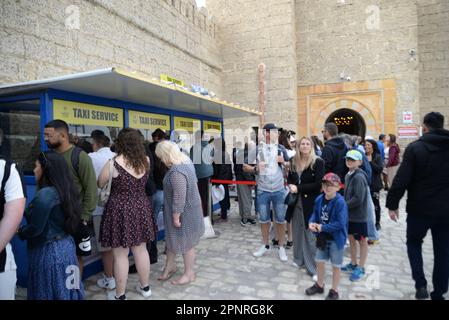 La Goulette, Tunis, Tunesien. 20. April 2023. Touristen kommen am 20. April 2023 im Hafen von La Goulette in Tunis an, da Tunesien die erste Kreuzfahrt von Europa mit mehr als 5450 Touristen an Bord begrüßt. (Kreditbild: © Chohei Mahjoub/ZUMA Press Wire) NUR REDAKTIONELLE VERWENDUNG! Nicht für den kommerziellen GEBRAUCH! Stockfoto