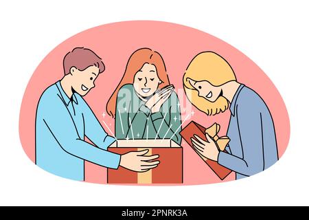 Überraschungsgeschenk und Geschenkkonzept. Gruppe von lächelnden fröhlich aufgeregt Menschen Freunde stehend Eröffnung Überraschungskiste mit Magie in Vektor-Illustration Stock Vektor