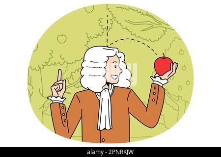 Wissenschaft und körperliche Erfahrung Konzept. Sir Isaac Newton Wissenschaftler stehen und erkunden die Schwerkraft mit rot gefallener Apfel in den Händen Vektor-Illustration Stock Vektor