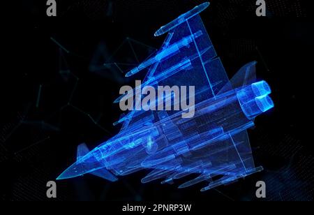 Militärflugzeug. Blaue Partikel und Linien bilden das 3D-Flugzeugmodell. Virtuelle Visualisierung der Luftstreitkräfte Stockfoto