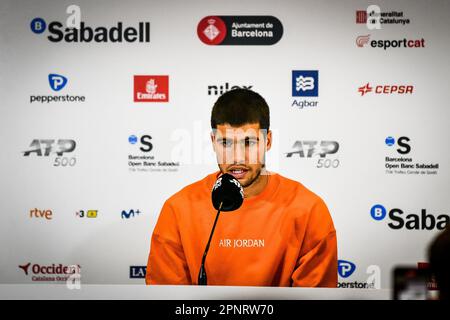 Barcelona, Spanien. 20. April 2023. Pressekonferenz von Carlos Alcaraz (Spanien) bei der ATP 500 Barcelona Open Banc Sabadell-Runde des 16-Spiels im Real Club de Tenis de Barcelona am 20. April 2023 in Barcelona, Spanien. (Foto/Felipe Mondino) Kredit: Live Media Publishing Group/Alamy Live News Stockfoto