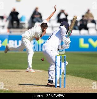 NORTHAMPTON, ENGLAND - 20 2023. April:Felix Organ of Hamshire Tag 1 des LV= Insurance County Championship Match zwischen Northamptonshire und Hampshire im County Ground in Northampton, England. Stockfoto