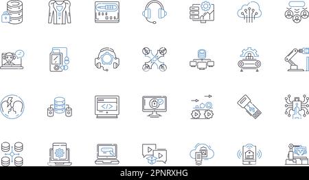 Symbolsammlung für Maschinenlinien. Automatisierung, Montage, Förderer, Schneider, Bohrer, Motor, Gerätevektor und lineare Darstellung. Werk, Getriebe Stock Vektor