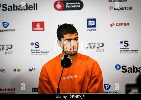 Barcelona, Spanien. 20. April 2023. Pressekonferenz von Carlos Alcaraz (Spanien) bei der ATP 500 Barcelona Open Banc Sabadell-Runde des 16-Spiels im Real Club de Tenis de Barcelona am 20. April 2023 in Barcelona, Spanien. (Foto/Felipe Mondino) Kredit: Unabhängige Fotoagentur/Alamy Live News Stockfoto