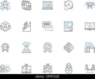 Sammlung der Symbole für die Coaching-Mittellinie. Mentoring, Anleitung, Motivation, Inspiration, Entwicklung, Schulung, Bildungsvektor und lineare Darstellung Stock Vektor