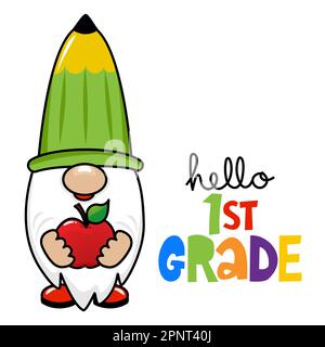 Hallo, erste Klasse - intelligenter Zwerg mit einem Apfel. Süße Trollfigur. Handgezeichnete Kritzeleien für Kinder. Gut für Schulsets, Tapeten, Geschenkpapier, Klo Stock Vektor