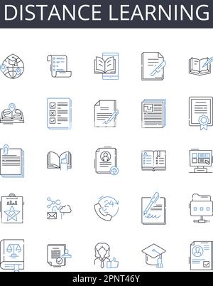 Symbolsammlung für Distanz-Lernlinien. E-Learning, virtuelle Bildung, Online-Unterricht, Fernunterricht, webbasierte Schulung, Digitaler Lehrplan Stock Vektor